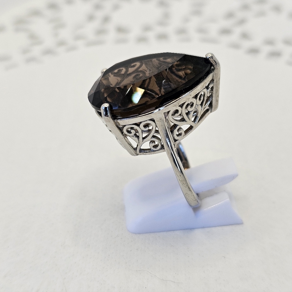 Natural 28 CT Brazilian Smoky Quartz Ring Sterling Silver & Platinum Sz 7! - Picture 6 of 10